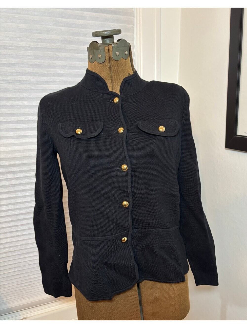 Talbots Petite SP Black Knit Sweater Jacket Gold Buttons Preppy Jacket (2175)